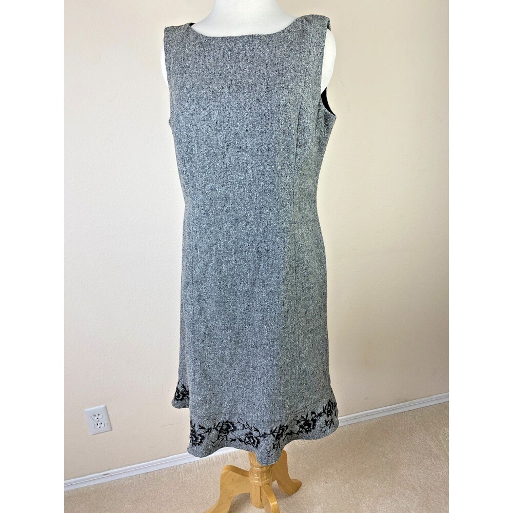 LOFT Wool Silk Tweed Dress 10P Gray Embroidered Lace Hem Flared Fall Academia